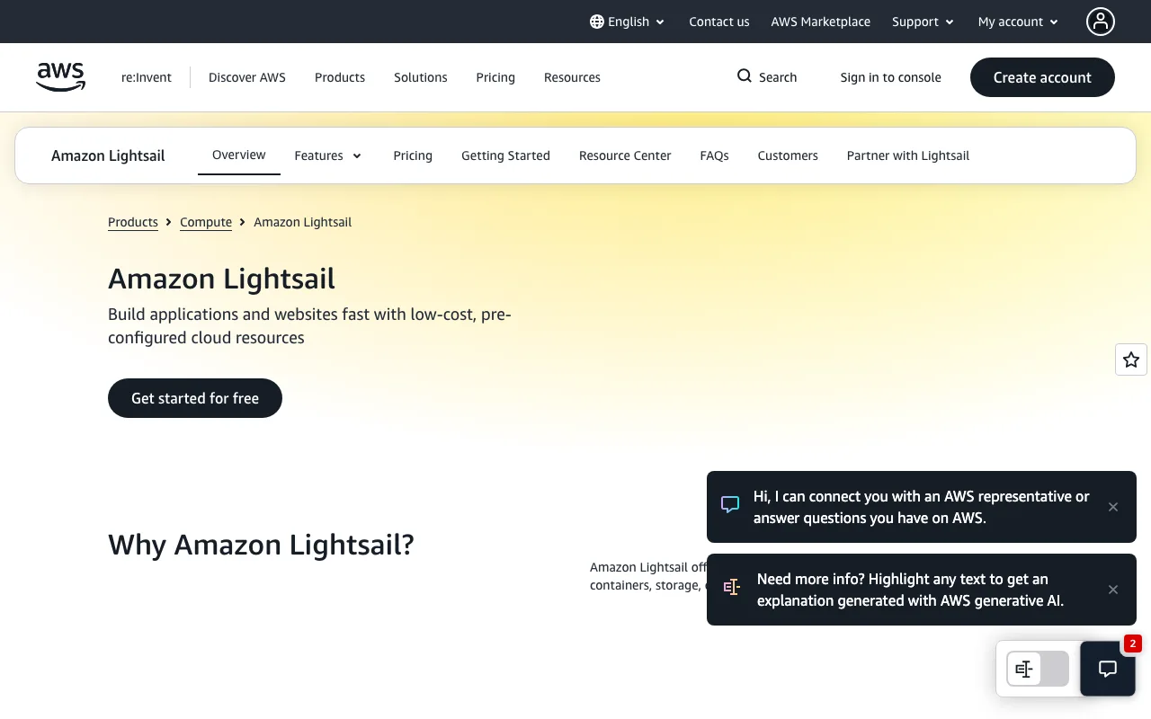 Amazon Lightsail homepage