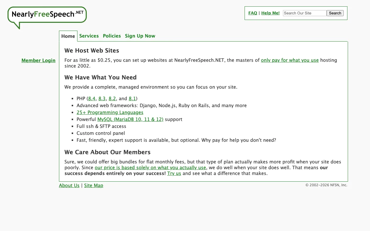 NearlyFreeSpeech.NET homepage